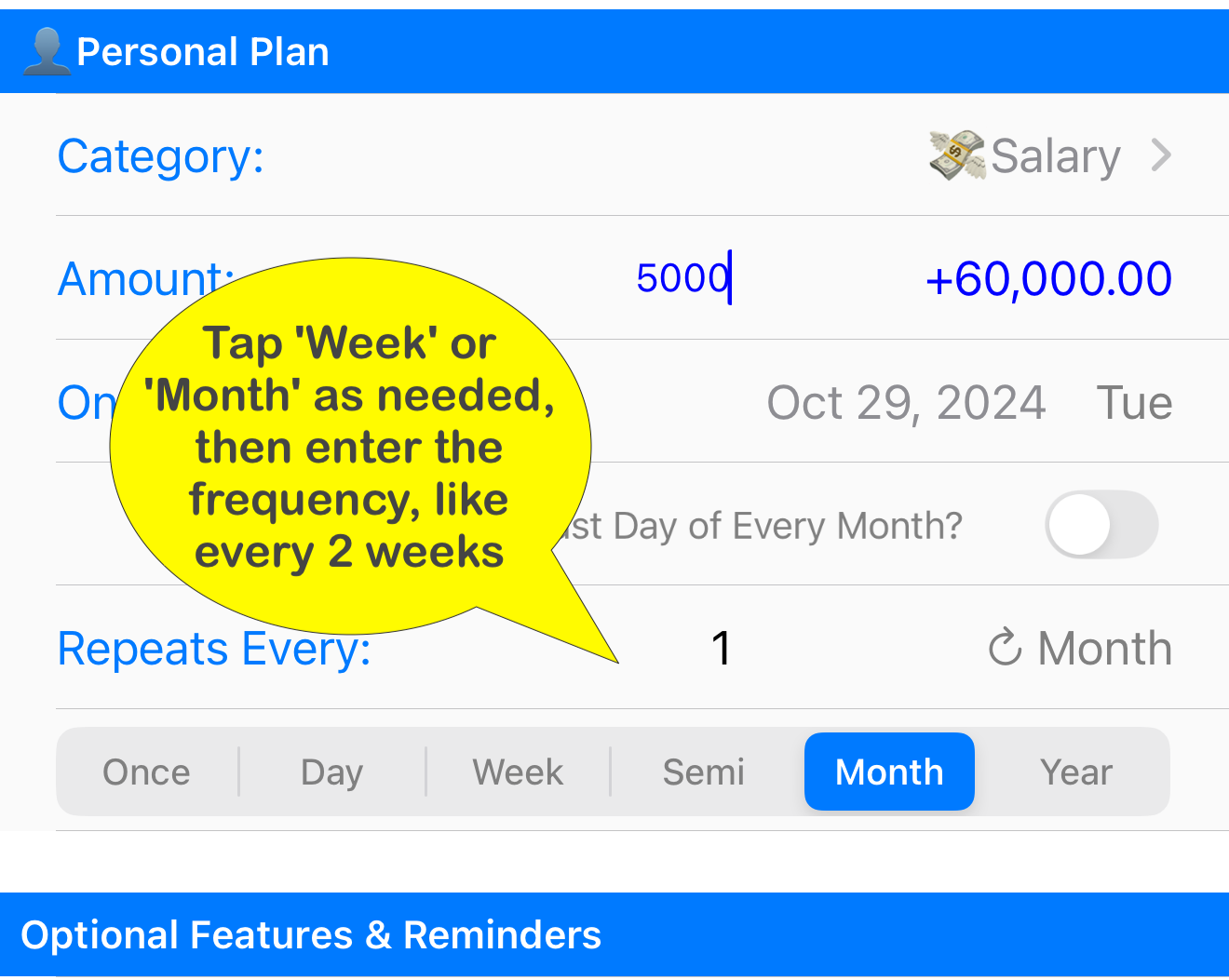 Foreseenly plan form showing the Repeats Every schedule controls