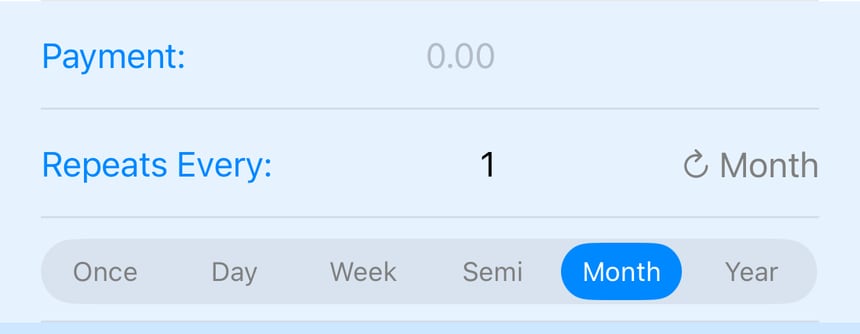 Foreseenly loan payment form showing payment amount and repeat schedule fields
