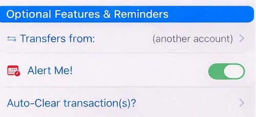 Foreseenly plan form showing optional features including Transfers from, Alert Me, and Auto-Clear transactions